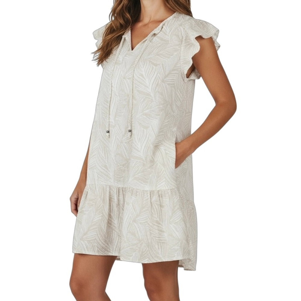 Tropical Babydoll Dress Taupe White Ruffle Size Medium - Picture 1 of 9
